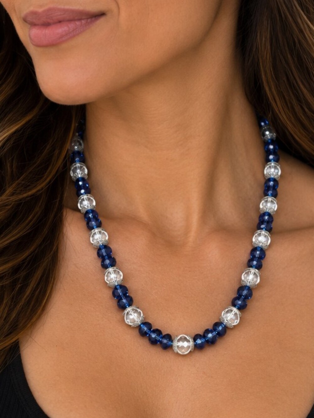 💎 Blue Clear Faceted Beaded Necklace Cobalt Crystal Glass Strand Statement